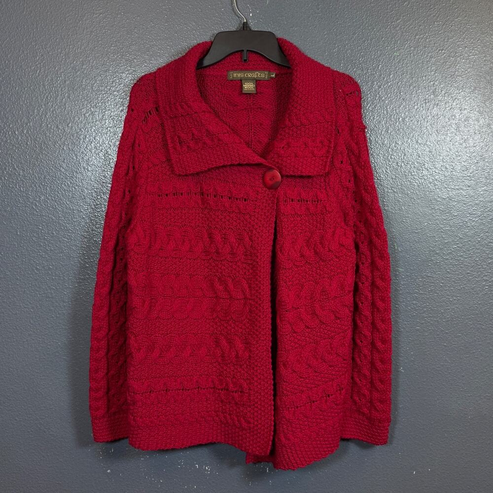 Iris L women’s Red vintage cardigan knitted sweater made in Ireland Merino wool
